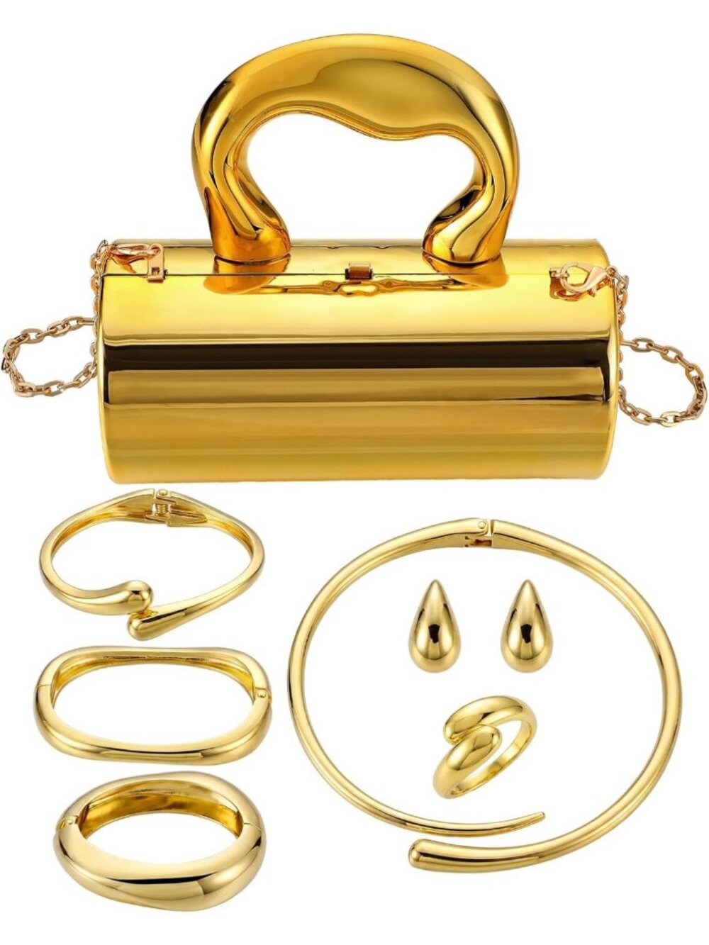 7-Piece Metallic Gold Clutch Purse & Jewelry Set for Women - Statement Evening
